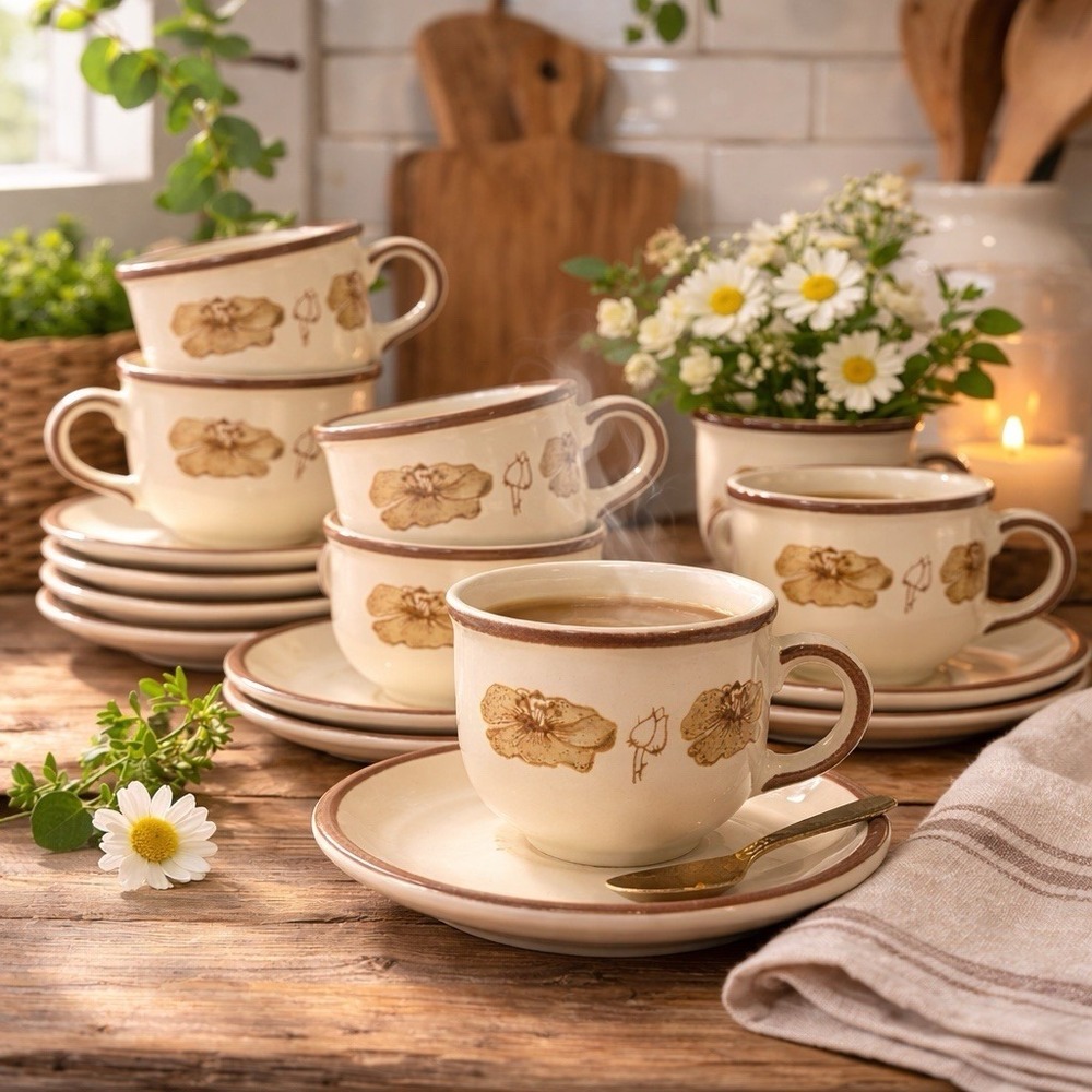 Lot of 6 Vintage Waechtersbach Beige Tan Brown Floral Poppy Mug W. Germany 80's‎